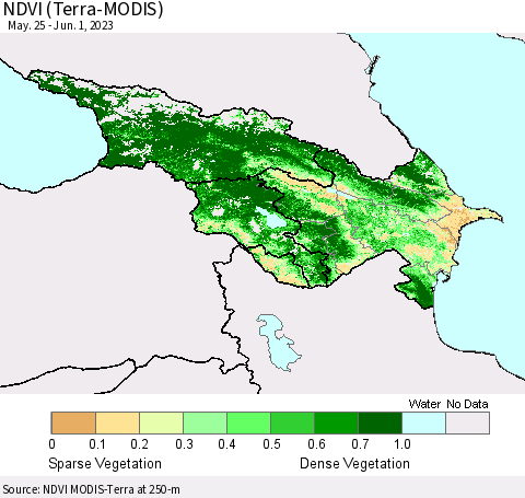 Azerbaijan, Armenia and Georgia NDVI (Terra-MODIS) Thematic Map For 5/25/2023 - 6/1/2023