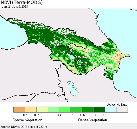 Azerbaijan, Armenia and Georgia NDVI (Terra-MODIS) Thematic Map For 6/2/2023 - 6/9/2023