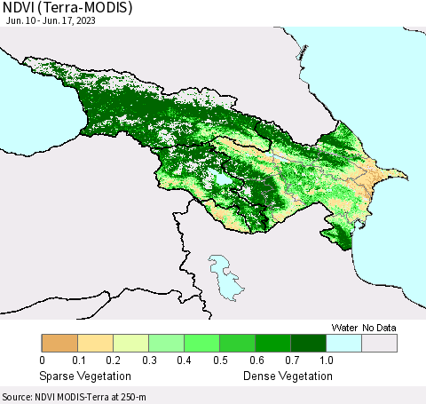Azerbaijan, Armenia and Georgia NDVI (Terra-MODIS) Thematic Map For 6/10/2023 - 6/17/2023