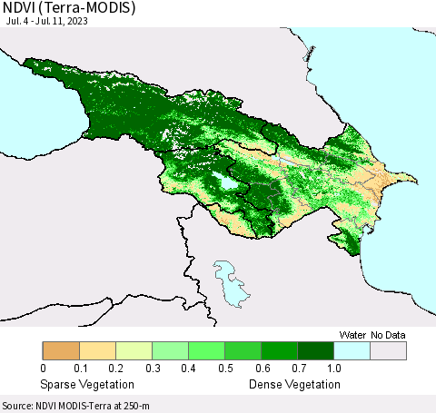 Azerbaijan, Armenia and Georgia NDVI (Terra-MODIS) Thematic Map For 7/4/2023 - 7/11/2023