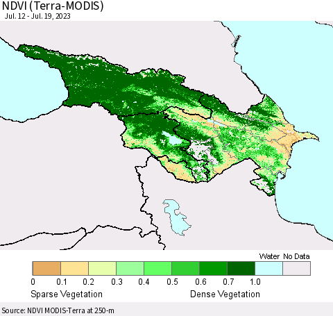 Azerbaijan, Armenia and Georgia NDVI (Terra-MODIS) Thematic Map For 7/12/2023 - 7/19/2023