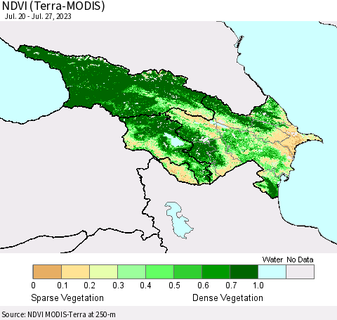 Azerbaijan, Armenia and Georgia NDVI (Terra-MODIS) Thematic Map For 7/20/2023 - 7/27/2023