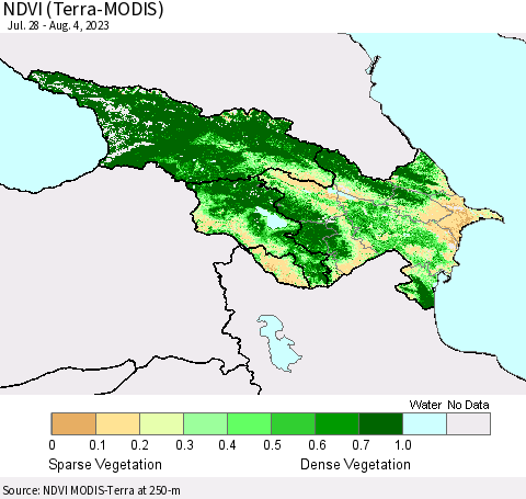 Azerbaijan, Armenia and Georgia NDVI (Terra-MODIS) Thematic Map For 7/28/2023 - 8/4/2023