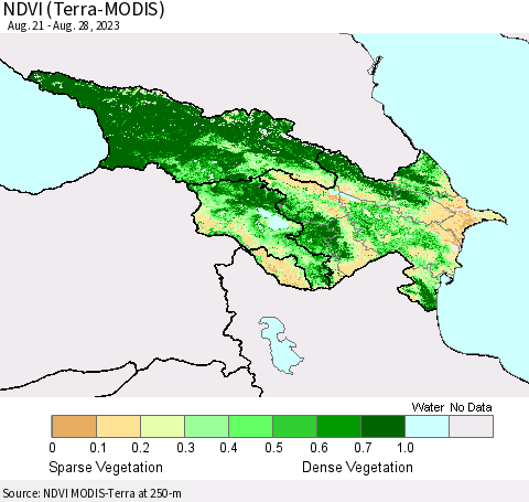 Azerbaijan, Armenia and Georgia NDVI (Terra-MODIS) Thematic Map For 8/21/2023 - 8/28/2023