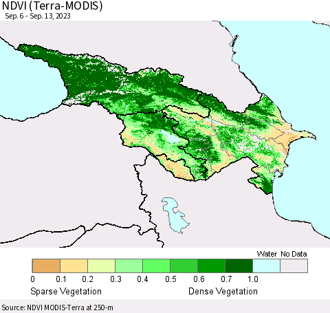 Azerbaijan, Armenia and Georgia NDVI (Terra-MODIS) Thematic Map For 9/6/2023 - 9/13/2023