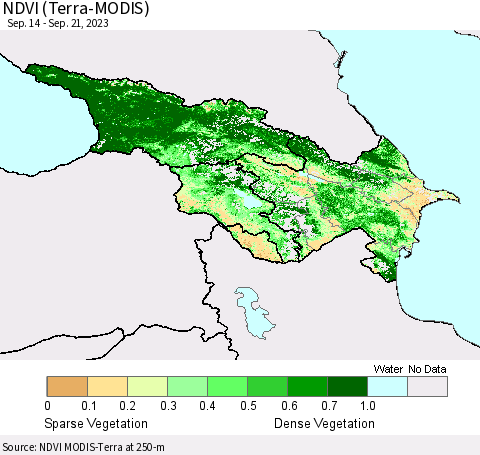Azerbaijan, Armenia and Georgia NDVI (Terra-MODIS) Thematic Map For 9/14/2023 - 9/21/2023