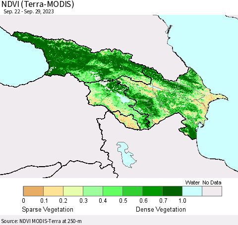 Azerbaijan, Armenia and Georgia NDVI (Terra-MODIS) Thematic Map For 9/22/2023 - 9/29/2023