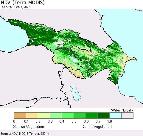 Azerbaijan, Armenia and Georgia NDVI (Terra-MODIS) Thematic Map For 9/30/2023 - 10/7/2023