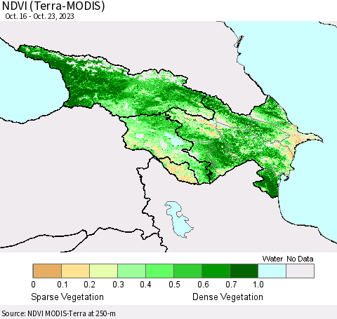 Azerbaijan, Armenia and Georgia NDVI (Terra-MODIS) Thematic Map For 10/16/2023 - 10/23/2023