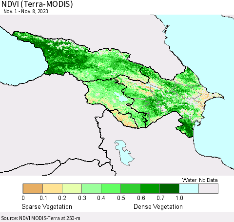 Azerbaijan, Armenia and Georgia NDVI (Terra-MODIS) Thematic Map For 11/1/2023 - 11/8/2023