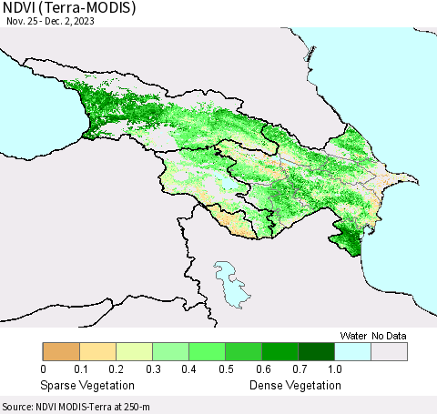 Azerbaijan, Armenia and Georgia NDVI (Terra-MODIS) Thematic Map For 11/25/2023 - 12/2/2023
