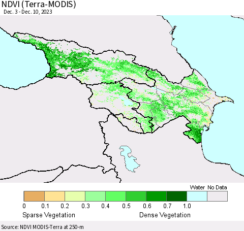Azerbaijan, Armenia and Georgia NDVI (Terra-MODIS) Thematic Map For 12/3/2023 - 12/10/2023