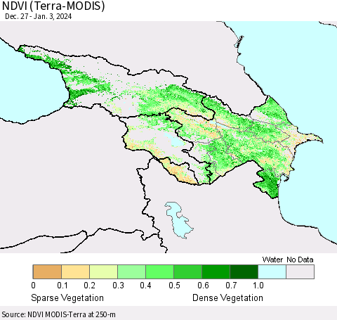 Azerbaijan, Armenia and Georgia NDVI (Terra-MODIS) Thematic Map For 12/27/2023 - 1/3/2024