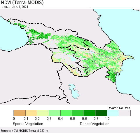 Azerbaijan, Armenia and Georgia NDVI (Terra-MODIS) Thematic Map For 1/1/2024 - 1/8/2024
