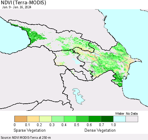 Azerbaijan, Armenia and Georgia NDVI (Terra-MODIS) Thematic Map For 1/9/2024 - 1/16/2024