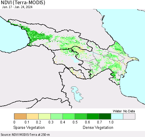 Azerbaijan, Armenia and Georgia NDVI (Terra-MODIS) Thematic Map For 1/17/2024 - 1/24/2024