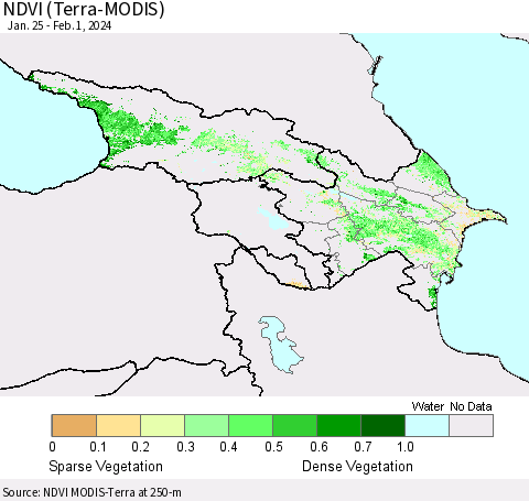 Azerbaijan, Armenia and Georgia NDVI (Terra-MODIS) Thematic Map For 1/25/2024 - 2/1/2024
