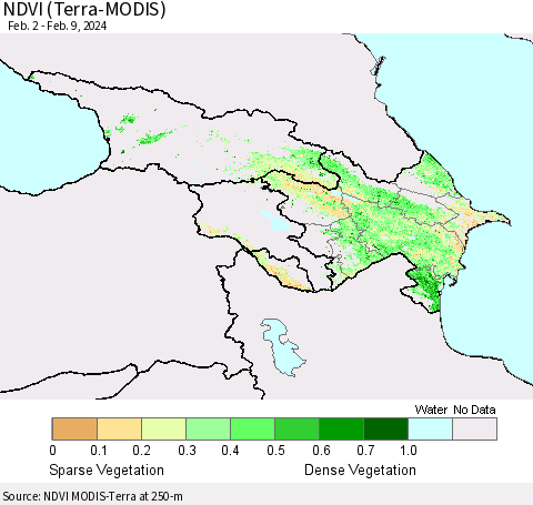 Azerbaijan, Armenia and Georgia NDVI (Terra-MODIS) Thematic Map For 2/2/2024 - 2/9/2024