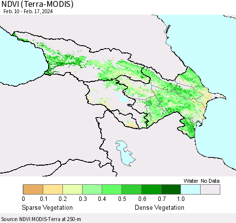 Azerbaijan, Armenia and Georgia NDVI (Terra-MODIS) Thematic Map For 2/10/2024 - 2/17/2024