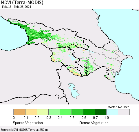Azerbaijan, Armenia and Georgia NDVI (Terra-MODIS) Thematic Map For 2/18/2024 - 2/25/2024