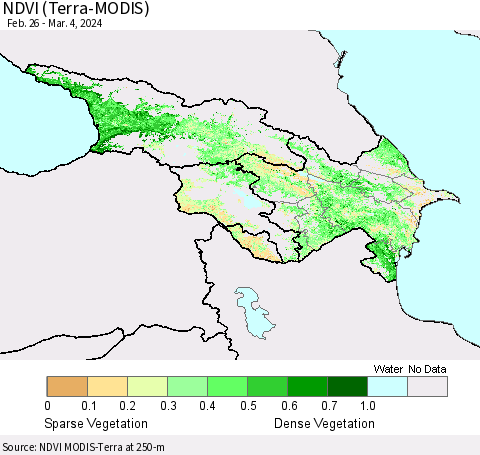 Azerbaijan, Armenia and Georgia NDVI (Terra-MODIS) Thematic Map For 2/26/2024 - 3/4/2024