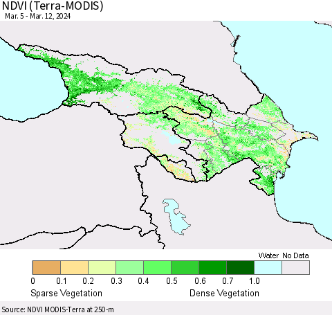 Azerbaijan, Armenia and Georgia NDVI (Terra-MODIS) Thematic Map For 3/5/2024 - 3/12/2024