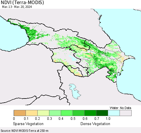 Azerbaijan, Armenia and Georgia NDVI (Terra-MODIS) Thematic Map For 3/13/2024 - 3/20/2024
