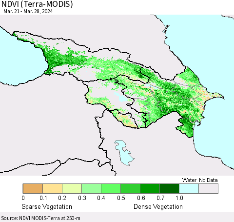 Azerbaijan, Armenia and Georgia NDVI (Terra-MODIS) Thematic Map For 3/21/2024 - 3/28/2024