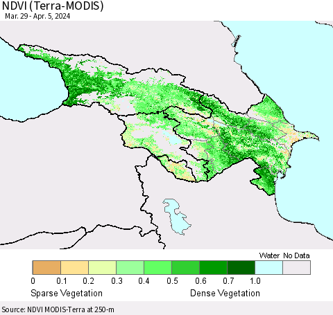 Azerbaijan, Armenia and Georgia NDVI (Terra-MODIS) Thematic Map For 3/29/2024 - 4/5/2024