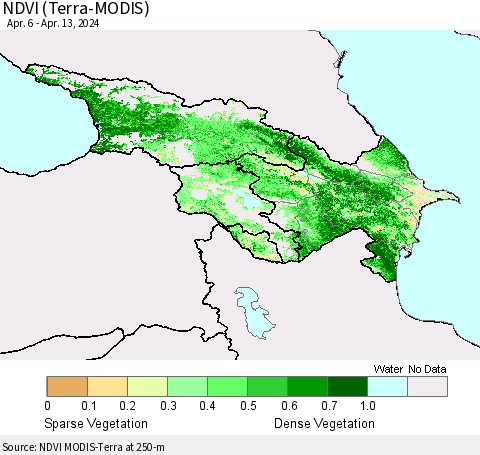 Azerbaijan, Armenia and Georgia NDVI (Terra-MODIS) Thematic Map For 4/6/2024 - 4/13/2024