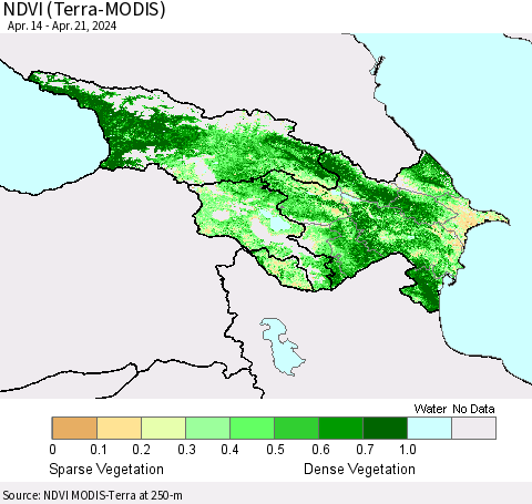 Azerbaijan, Armenia and Georgia NDVI (Terra-MODIS) Thematic Map For 4/14/2024 - 4/21/2024