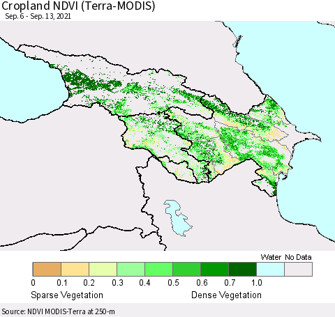 Azerbaijan, Armenia and Georgia Cropland NDVI (Terra-MODIS) Thematic Map For 9/6/2021 - 9/13/2021