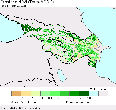 Azerbaijan, Armenia and Georgia Cropland NDVI (Terra-MODIS) Thematic Map For 9/14/2021 - 9/21/2021