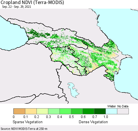 Azerbaijan, Armenia and Georgia Cropland NDVI (Terra-MODIS) Thematic Map For 9/22/2021 - 9/29/2021
