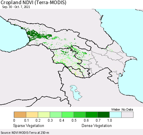 Azerbaijan, Armenia and Georgia Cropland NDVI (Terra-MODIS) Thematic Map For 9/30/2021 - 10/7/2021