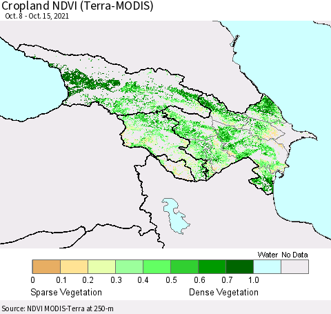 Azerbaijan, Armenia and Georgia Cropland NDVI (Terra-MODIS) Thematic Map For 10/8/2021 - 10/15/2021
