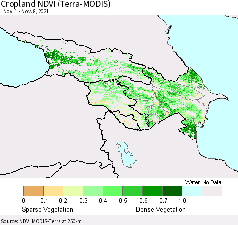 Azerbaijan, Armenia and Georgia Cropland NDVI (Terra-MODIS) Thematic Map For 11/1/2021 - 11/8/2021