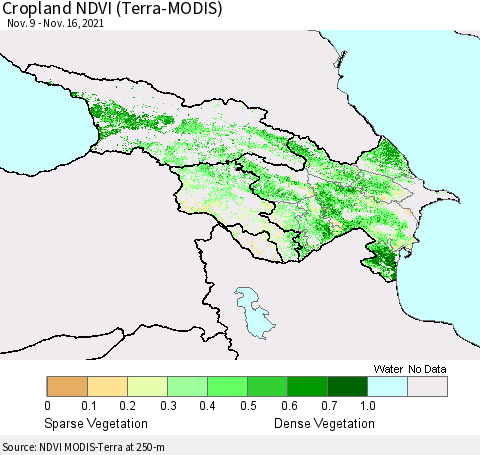 Azerbaijan, Armenia and Georgia Cropland NDVI (Terra-MODIS) Thematic Map For 11/9/2021 - 11/16/2021