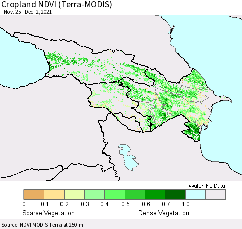 Azerbaijan, Armenia and Georgia Cropland NDVI (Terra-MODIS) Thematic Map For 11/25/2021 - 12/2/2021