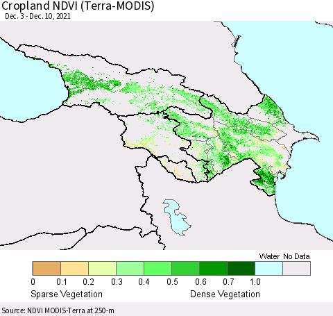 Azerbaijan, Armenia and Georgia Cropland NDVI (Terra-MODIS) Thematic Map For 12/3/2021 - 12/10/2021