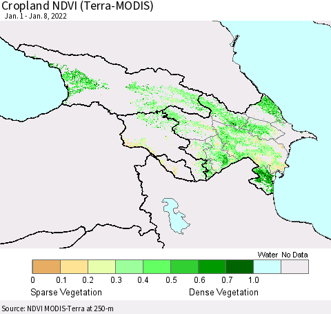 Azerbaijan, Armenia and Georgia Cropland NDVI (Terra-MODIS) Thematic Map For 1/1/2022 - 1/8/2022