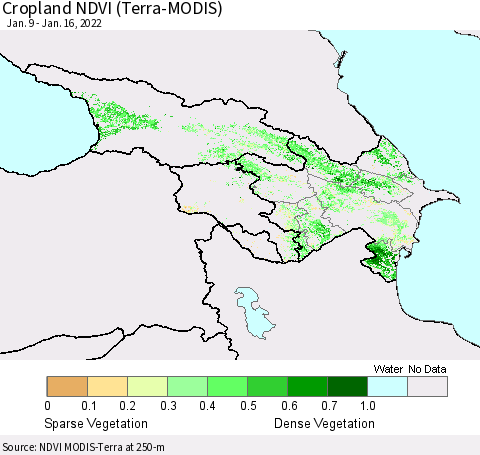 Azerbaijan, Armenia and Georgia Cropland NDVI (Terra-MODIS) Thematic Map For 1/9/2022 - 1/16/2022