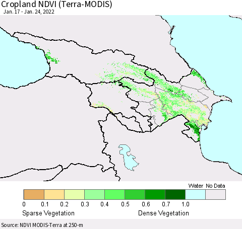 Azerbaijan, Armenia and Georgia Cropland NDVI (Terra-MODIS) Thematic Map For 1/17/2022 - 1/24/2022