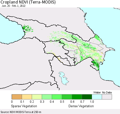 Azerbaijan, Armenia and Georgia Cropland NDVI (Terra-MODIS) Thematic Map For 1/25/2022 - 2/1/2022