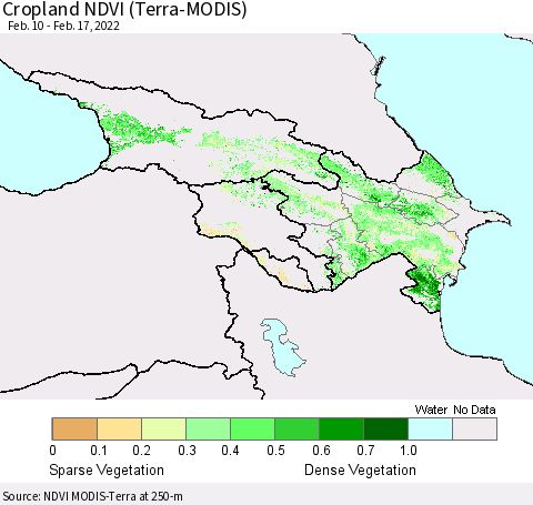 Azerbaijan, Armenia and Georgia Cropland NDVI (Terra-MODIS) Thematic Map For 2/10/2022 - 2/17/2022