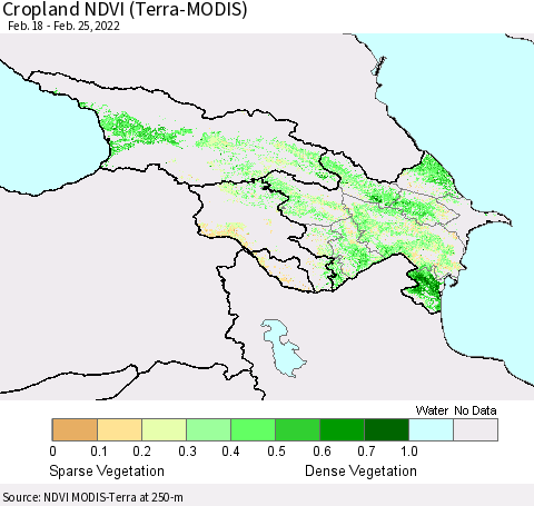 Azerbaijan, Armenia and Georgia Cropland NDVI (Terra-MODIS) Thematic Map For 2/18/2022 - 2/25/2022