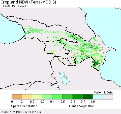 Azerbaijan, Armenia and Georgia Cropland NDVI (Terra-MODIS) Thematic Map For 2/26/2022 - 3/5/2022