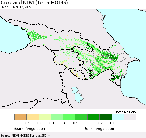 Azerbaijan, Armenia and Georgia Cropland NDVI (Terra-MODIS) Thematic Map For 3/6/2022 - 3/13/2022