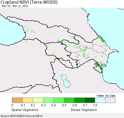 Azerbaijan, Armenia and Georgia Cropland NDVI (Terra-MODIS) Thematic Map For 3/14/2022 - 3/21/2022
