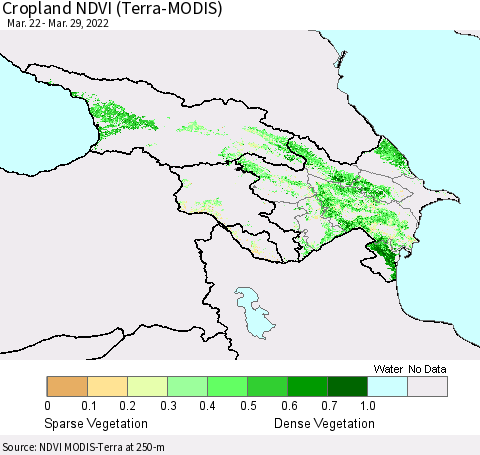 Azerbaijan, Armenia and Georgia Cropland NDVI (Terra-MODIS) Thematic Map For 3/22/2022 - 3/29/2022